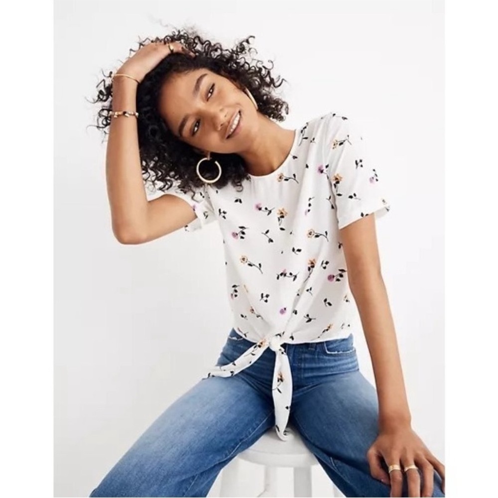 Madewell Button-Back Tie Tee Sweet Blossoms White Floral Cropped J8906